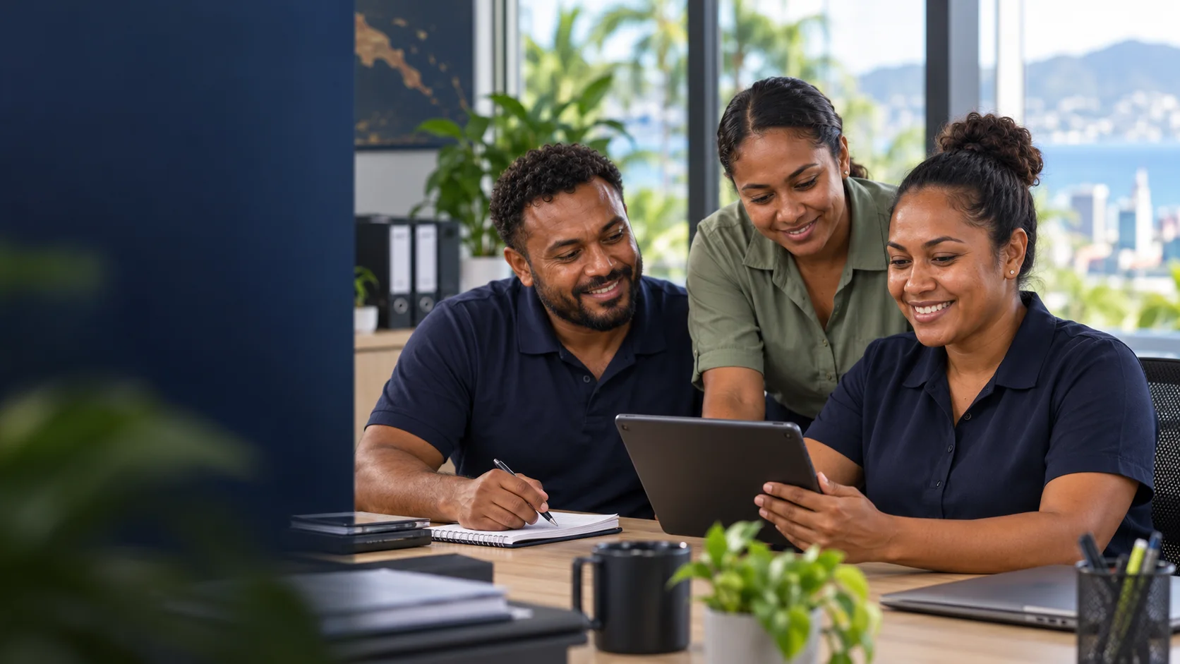 PNG office team collaborating around a tablet