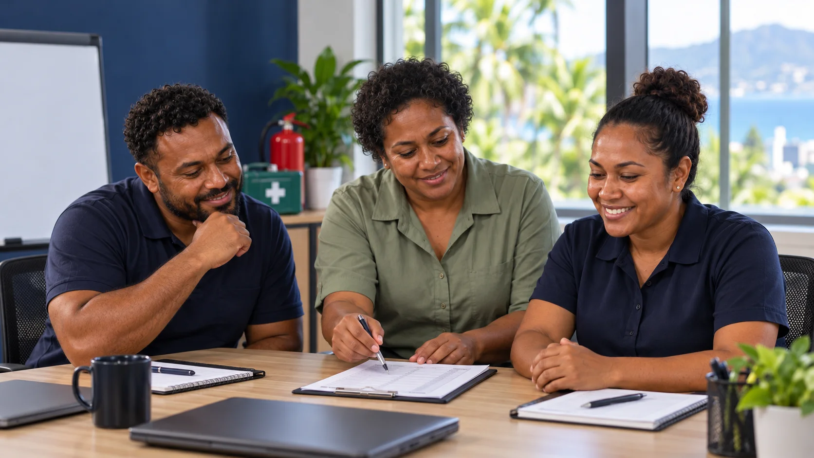 Melanesian colleagues reviewing workplace safety training records