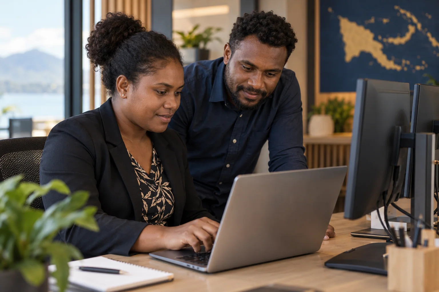 Colleagues reviewing connected systems