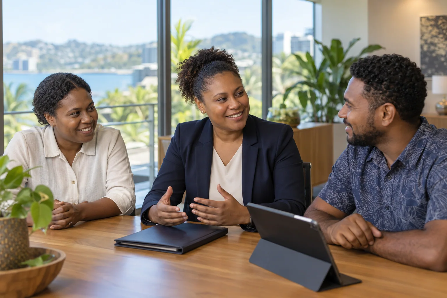 Colleagues sharing a welcoming onboarding conversation